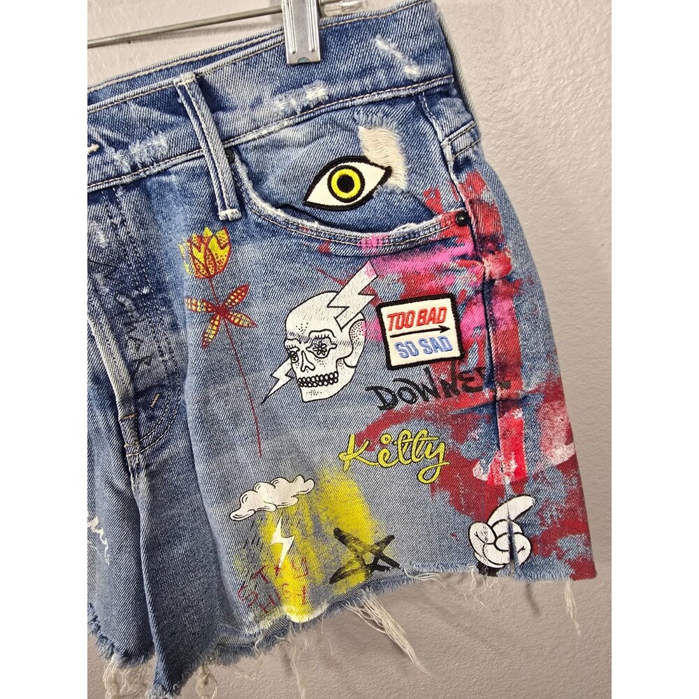 MOTHER The Vagabond Shorts in Out of Gas Denim Size 28 Graffiti Punk Doodle AN - Picture 3 of 12